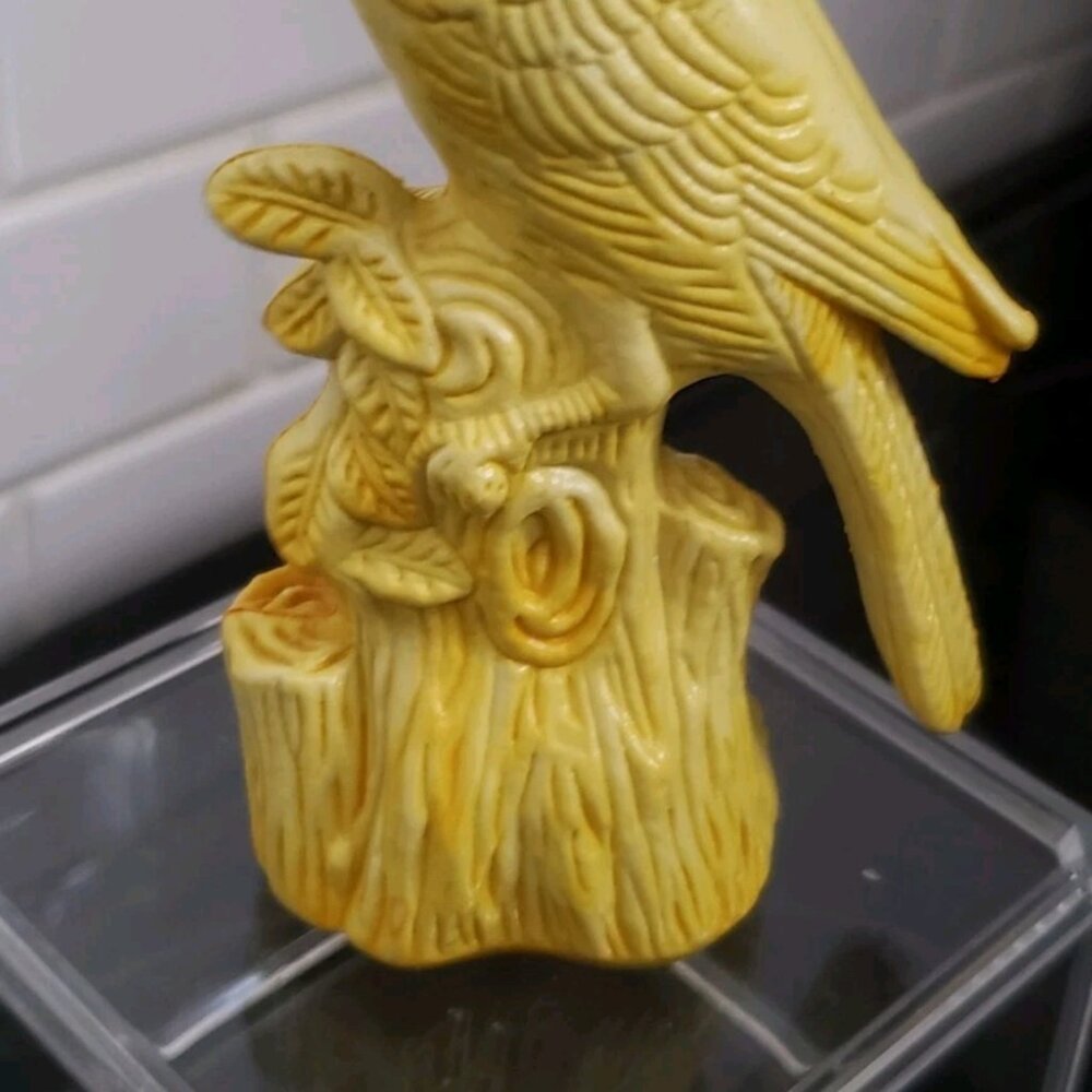 Vintage Bird Figurine Plastic Canary Yellow Detailed Perched Tree Branch Log - Picture 2 of 11
